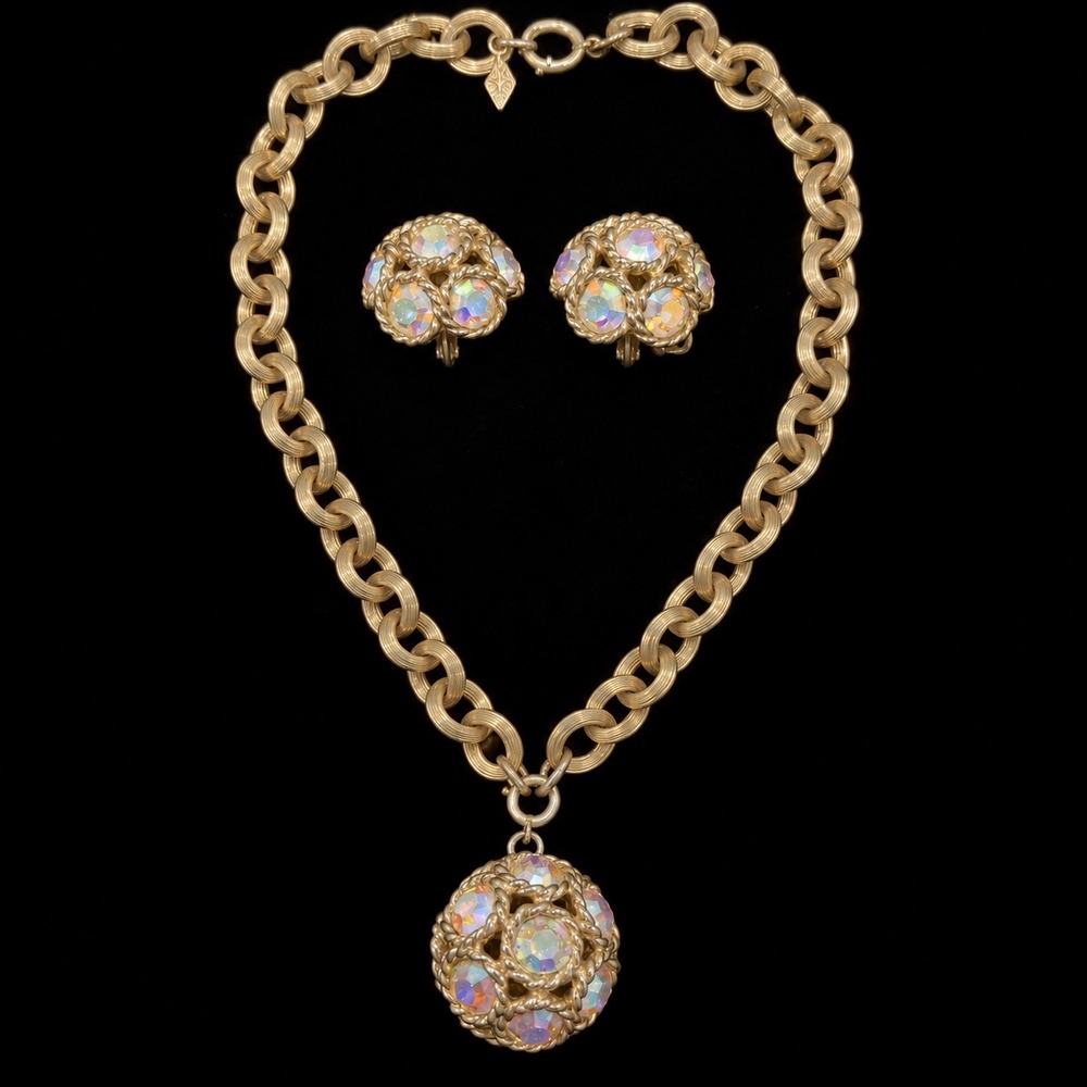 Sarah Coventry Dancing Magic Necklace Earrings Set Gold Tone AB Rhinestone 16in